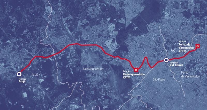 რუკა corredor BRT metropolitano Perimetral Alto Tietê